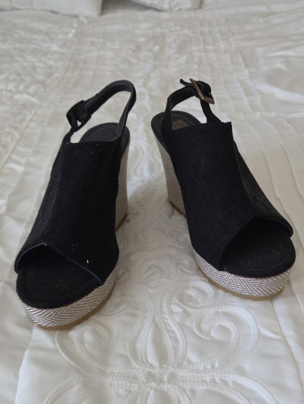 Black Suede Open-Toe Wedge Sandals with Ankle Strap